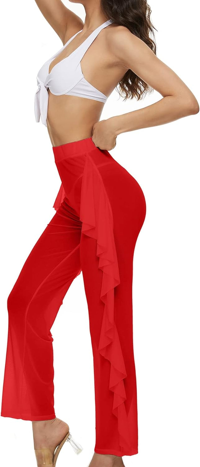 Women'S Perspective Sheer Mesh Ruffle Pants Swimsuit Bikini Bottom Cover up Pants