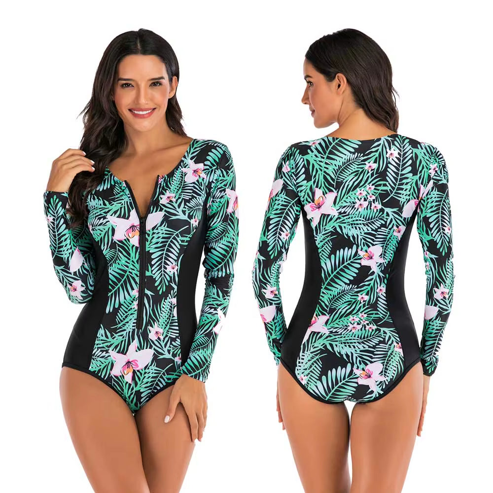 Lady One Piece Swimsuit Print Long Sleeve Women Zipper Rash Guard Swimwear Bathing Suit Female Surfing Swimming Suit