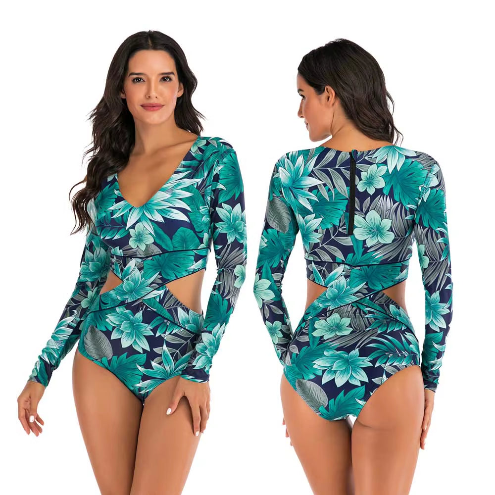 Lady One Piece Swimsuit Print Long Sleeve Women Zipper Rash Guard Swimwear Bathing Suit Female Surfing Swimming Suit
