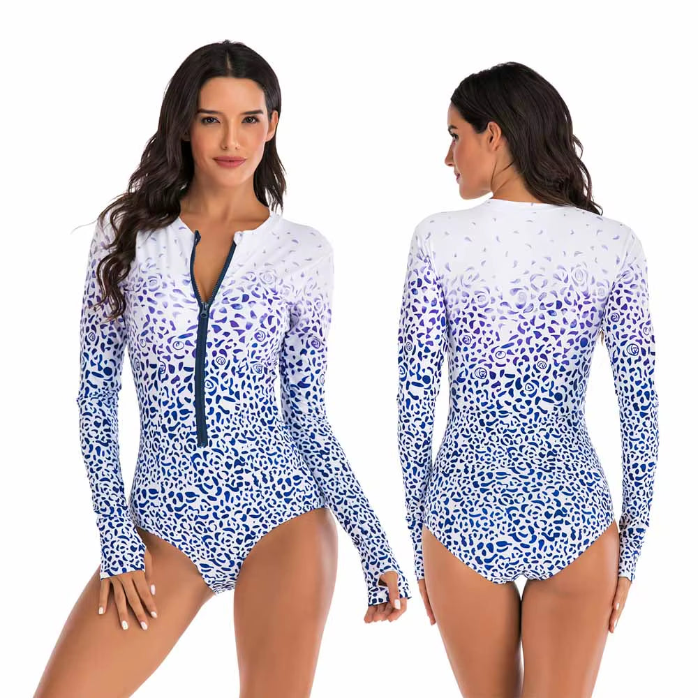 Lady One Piece Swimsuit Print Long Sleeve Women Zipper Rash Guard Swimwear Bathing Suit Female Surfing Swimming Suit