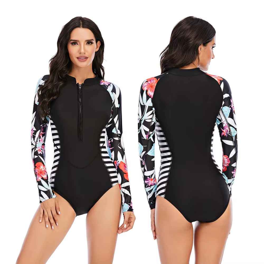Lady One Piece Swimsuit Print Long Sleeve Women Zipper Rash Guard Swimwear Bathing Suit Female Surfing Swimming Suit