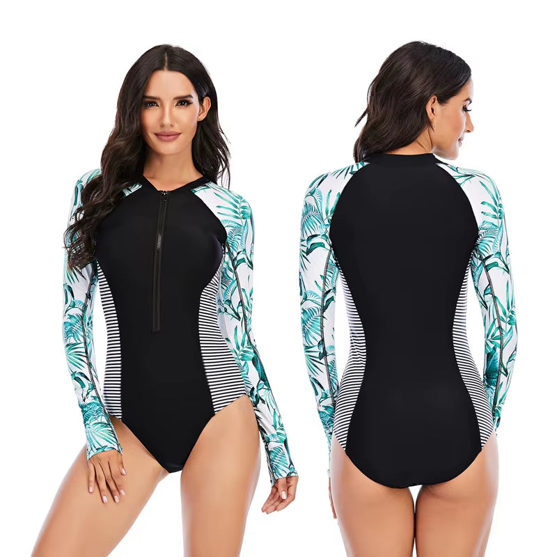 Lady One Piece Swimsuit Print Long Sleeve Women Zipper Rash Guard Swimwear Bathing Suit Female Surfing Swimming Suit