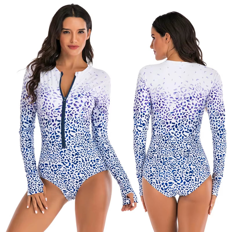 Lady One Piece Swimsuit Print Long Sleeve Women Zipper Rash Guard Swimwear Bathing Suit Female Surfing Swimming Suit