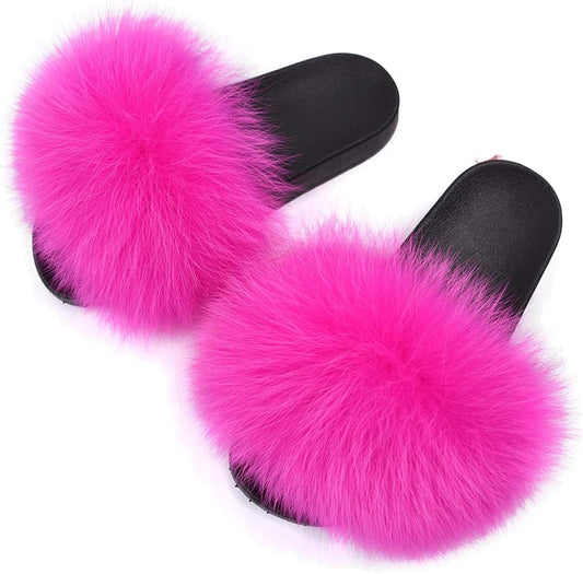 Real Fox Fur Slides for Women - Furry Slides Fluffy Fur Slippers Open Toe Flat Slides Fur Sandals Outdoor
