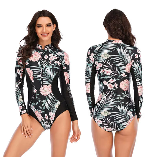 Lady One Piece Swimsuit Print Long Sleeve Women Zipper Rash Guard Swimwear Bathing Suit Female Surfing Swimming Suit