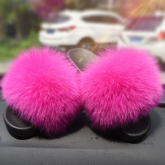 Real Fox Fur Slides for Women - Furry Slides Fluffy Fur Slippers Open Toe Flat Slides Fur Sandals Outdoor